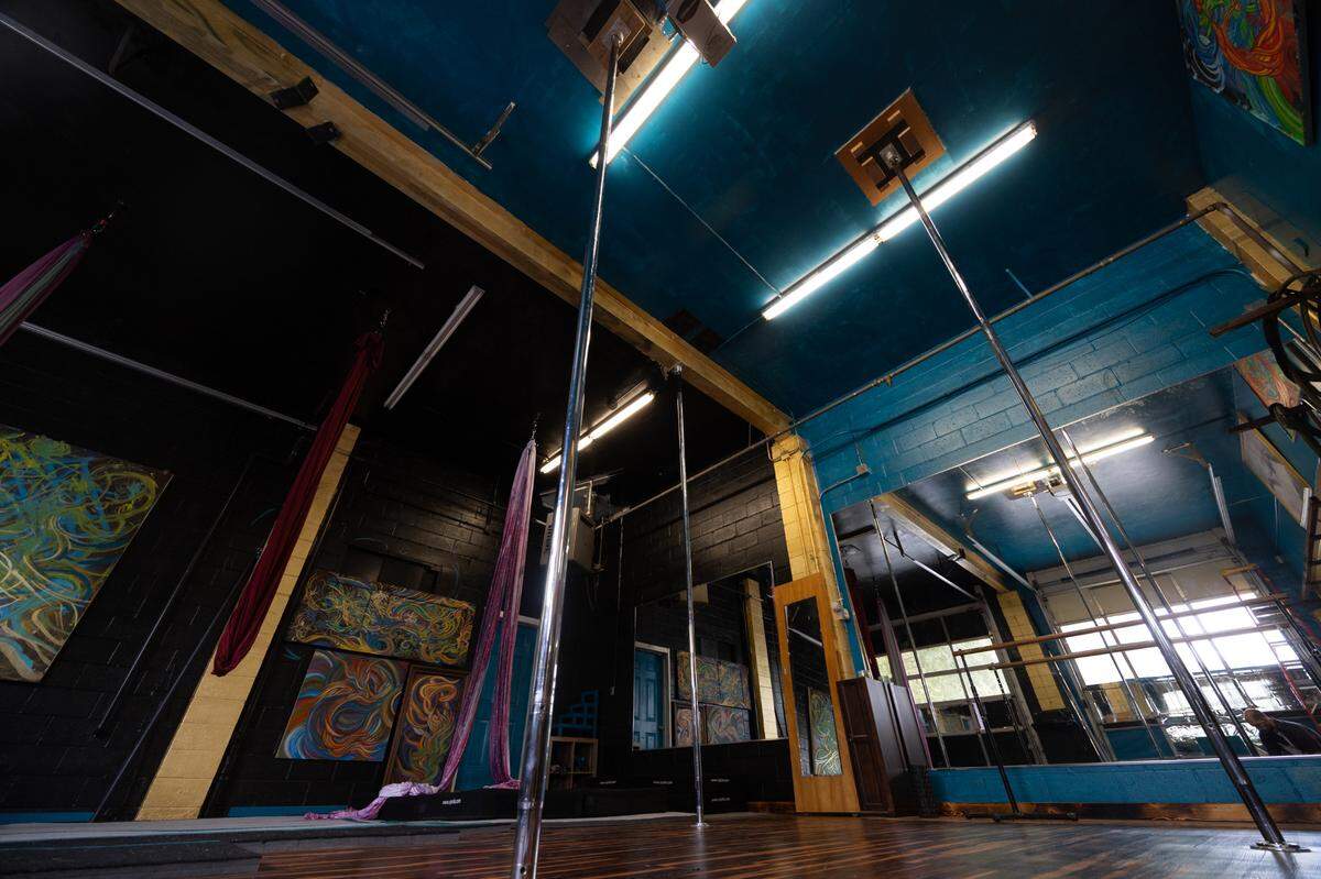 Poles used for dancing and aerobics in Valkyrie Aerial Arts in Belleville, Ill.