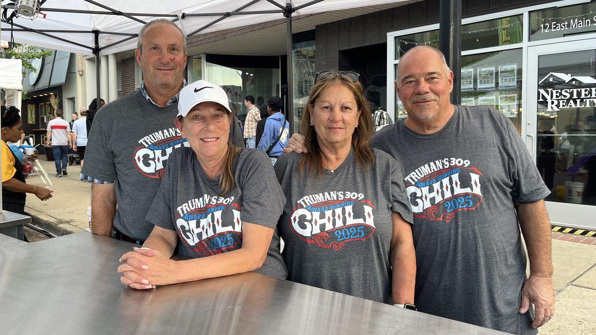 A group known as Truman’s 309 won first place in the non-restaurant/caterer division of Belleville’s Chili Cook-off contest for the fifth straight year on Saturday. Members include, left to right, Steve Lindauer, Anne Markezich, Sheila Crockett and Michael Crockett.