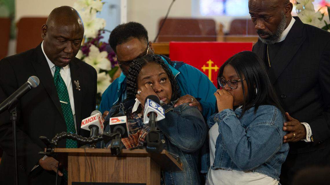 Deon January, mother of DeAndre Morrow wipes away tears as she talks about her son. DeAndre Morrow was killed when a tornado struck the Amazon warehouse in Edwardsville in 2021. Supporting January as she spoke were attorney Ben Crump, Jerrett January, Jerriah January and Geoffrey Dudley.
