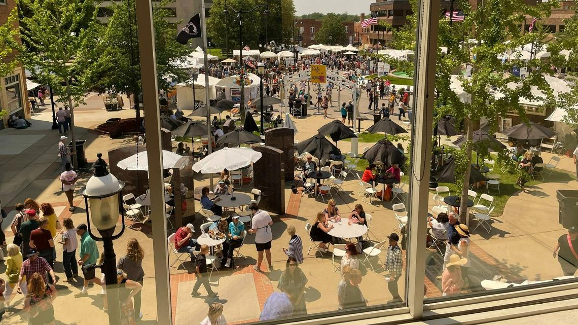 Thousands of people visited Belleville’s Art on the Square on Saturday, enjoying the art, the food and a beautiful sunny day around Public Square. This photo was made from the second floor of the Art on the Square headquarters on Public Square. The show continues Sunday from 11 a.m. to 5 p.m.