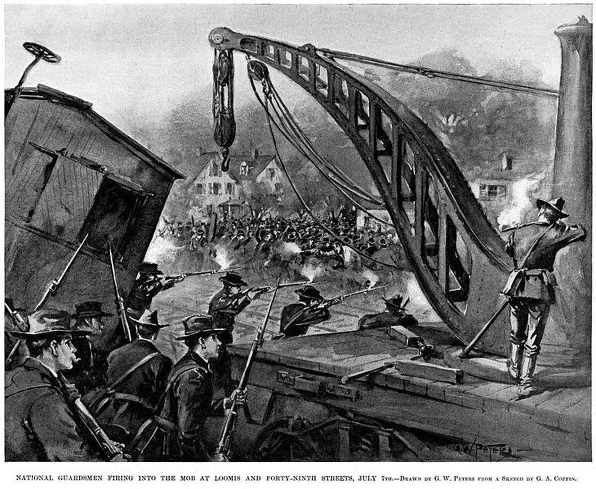 Harper’s Weekly’s coverage of the Pullman strike included this illustration: “National Guardsmen firing into the mob at Loomis and 49th Streets, July 7th,” by G.W. Peters, from a sketch by G.A. Coffin. The Pullman Strike was the first national strike in American, riveting the country to the burgeoning labor movement.