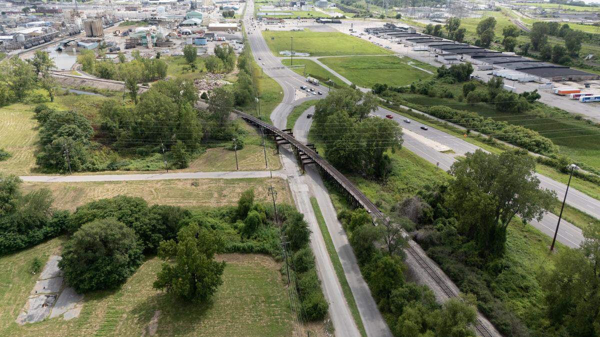 Aerial view of eighth street from where it feeds into IL-3 in Cahokia Heights on Aug. 1, 2024. This section of roadway is on a regional priority list due to fatal and serious injury crash rates.