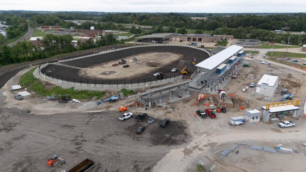 This drone photograph shows progress on the Belle-Clair Speedway racetrack as of June 22, 2026.