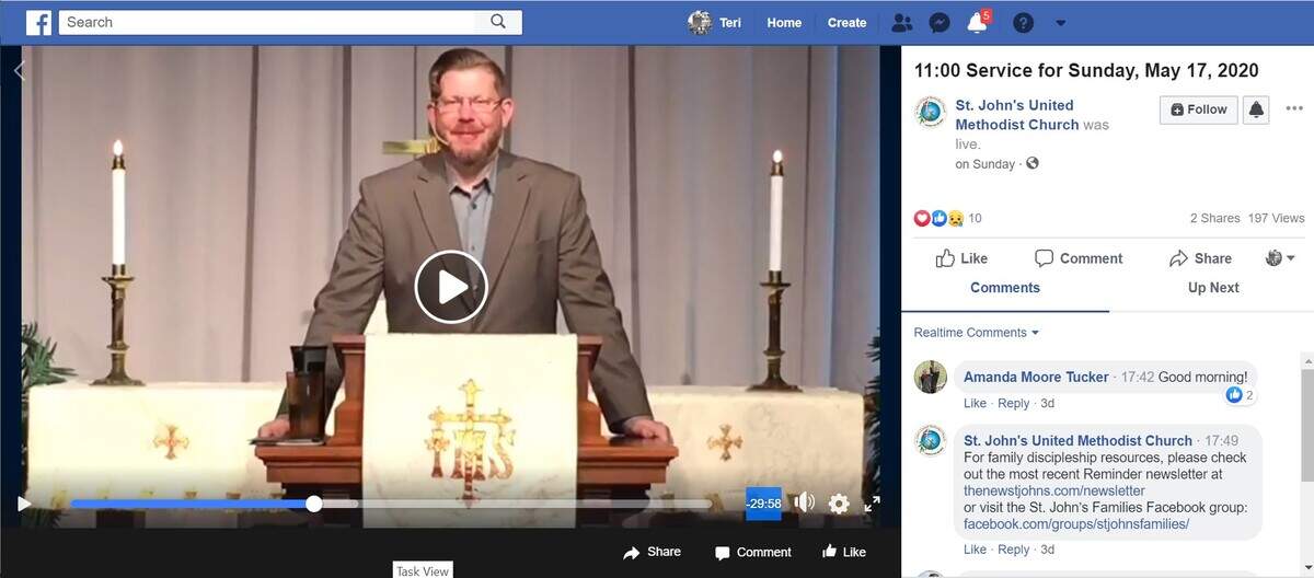 The Rev. Grant Armstrong preaches a sermon via Facebook Live for members of St. John’s United Methodist Church in Edwardsville on Sunday.