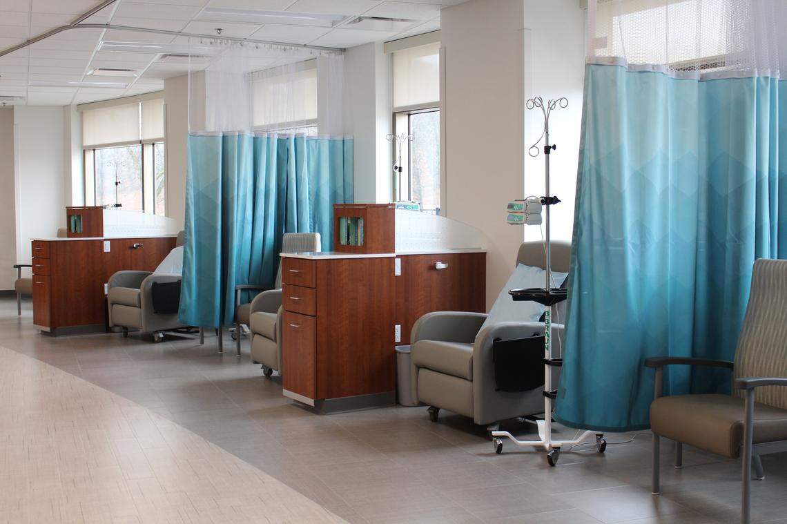 Curtains can be drawn between infusion “pods” for patients getting chemotherapy treatments at the new Siteman Cancer Center location at Memorial Hospital East in Shiloh.