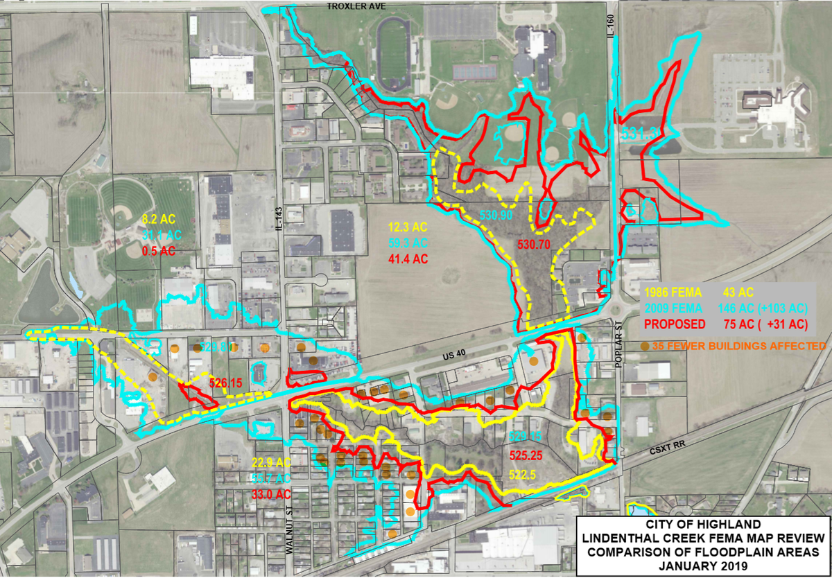 A newly proposed flood map from Oates Associates, the firm hired by the city of Highland to solve a flood zone designation that could triple insurance rates for some property owners. The map depicts a correction in water flow rates and what the flood zone would look like after a problematic culvert is replaced. Representatives from the firm said the Federal Emergency Management Agency has agreed to the map’s findings.
