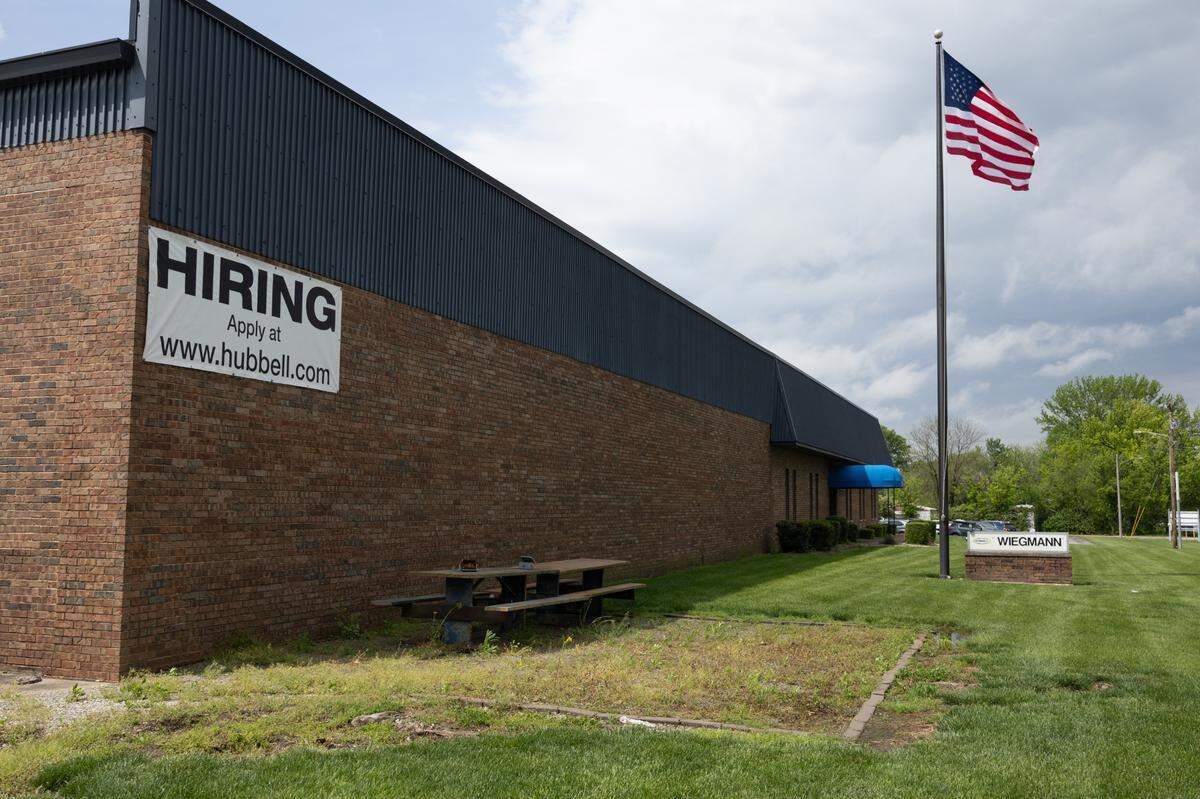 Outside of Hubbell Inc.’s Wiegmann plant in Freeburg. Hubbell has announced plans to lay off 110 employees and close the plant.