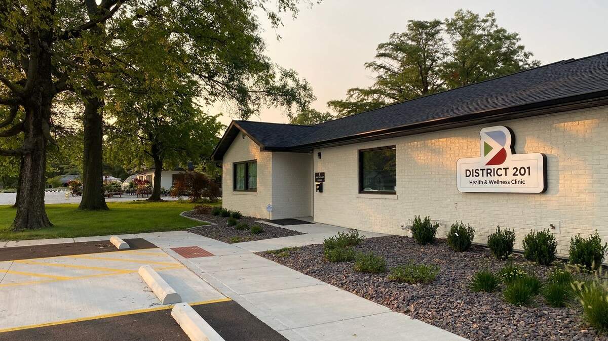 Outside of Belleville District 201’s new health and wellness clinic in Belleville, Ill., on July 15, 2024.