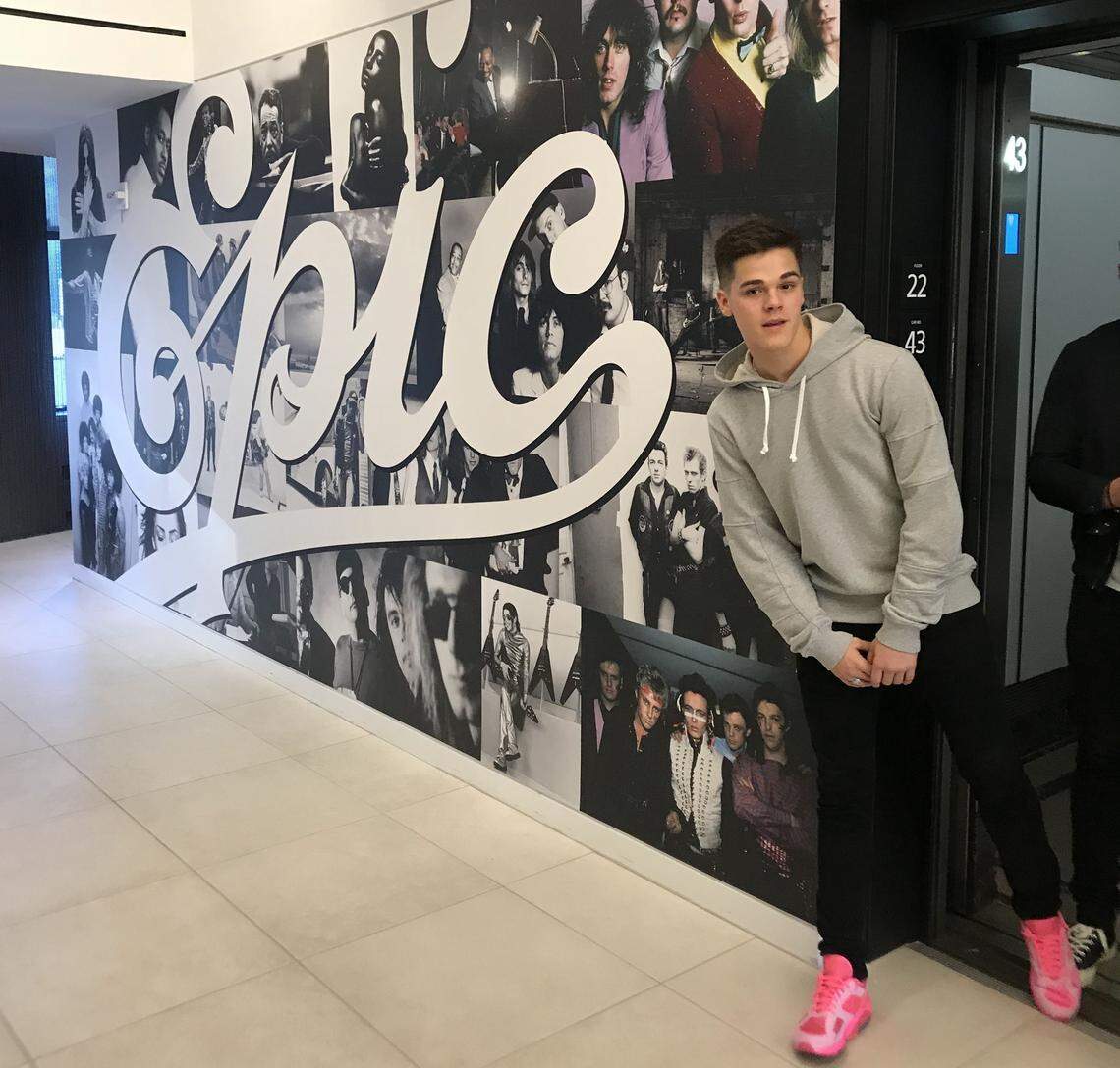 Singer AJ Mitchell poses at the Epic Records office in New York City last year. The former Belleville teen is under contract to record four albums with the label.