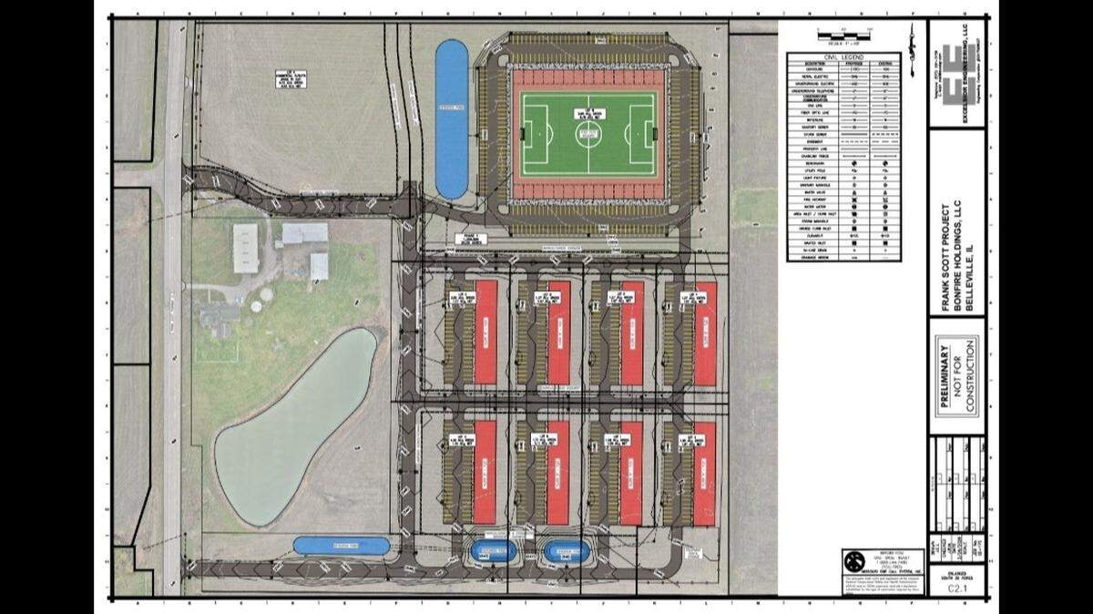 This rendering shows a planned business and sports complex along Frank Scott Parkway West in Belleville with an indoor soccer field to the north and eight “flex-space” buildings to the south.