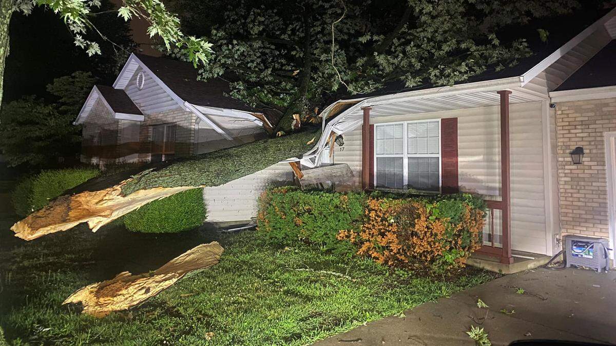 A large tree fell through the roof of a home on Judy Lane, essentially cutting it in half, during a severe thunderstorm Friday night. No injuries were reported.