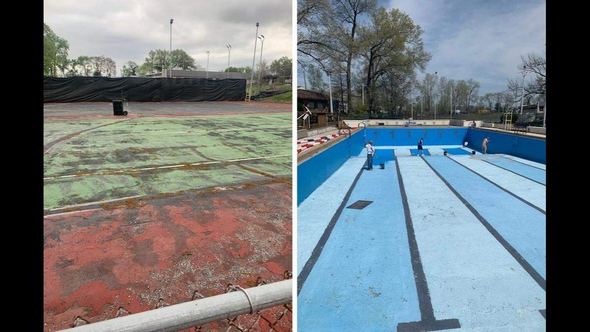 Tennis courts at Westhaven Pool and Tennis Club in Belleville were dirty and covered with debris when new owners took over earlier this year, left. At right, workers paint the faded pool bright blue.
