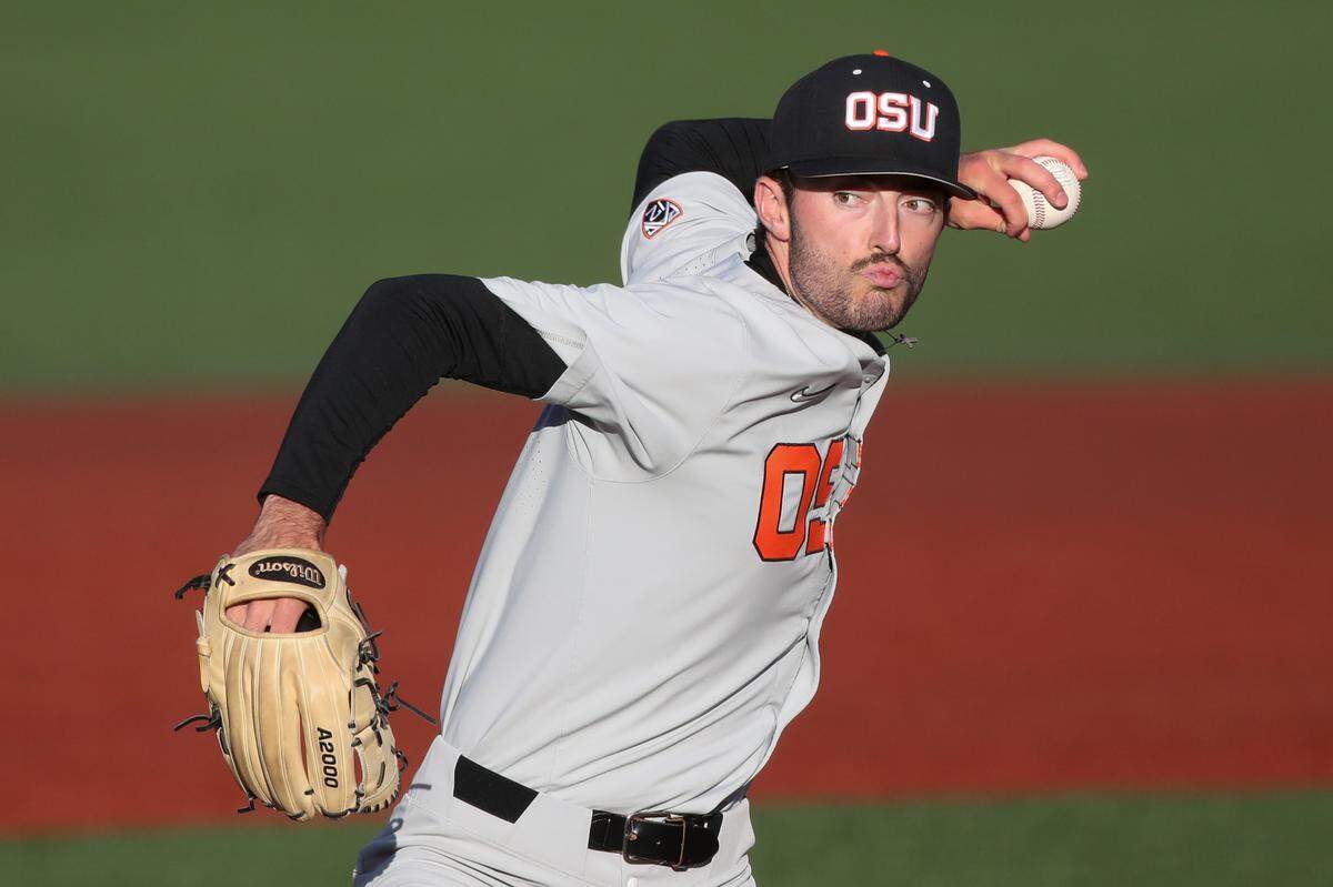 St. Louis Cardinals No. 1 draft pick Oregon State pitcher Cooper Hjerpe pitches against Auburn during an NCAA college baseball tournament super regional game Sunday, June 12, in Corvallis, Oregon. Oregon State won 4-3.