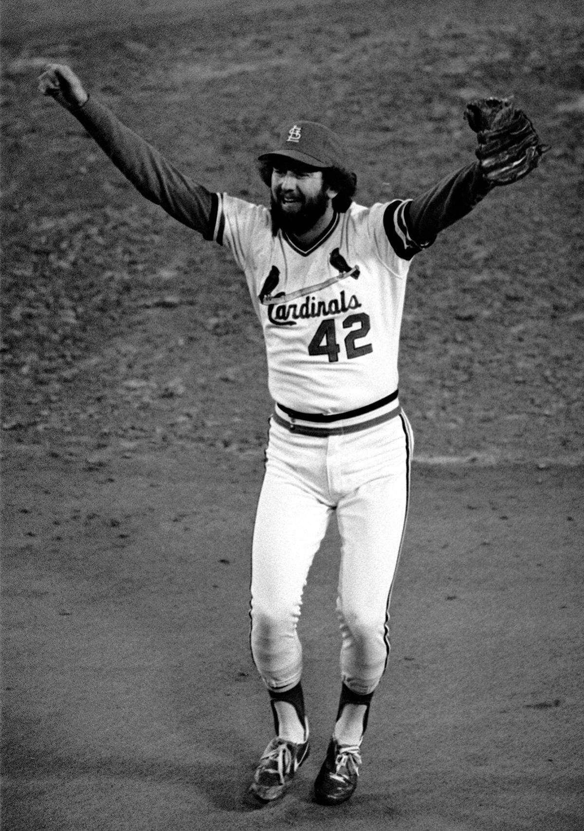 Bruce Sutter leaps off the mound after the last out in the ninth inning of the World Series against the Milwaukee Brewers  in St. Louis in this Oct. 20, 1982 file photo.