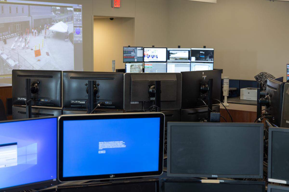 Inside a dispatch center at the new public safety building in East St. Louis’s Emerson Metrolink station on July 11, 2024.