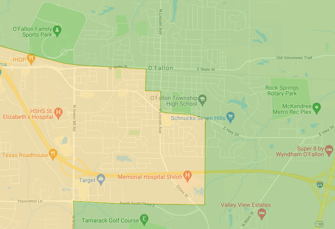 This map shows the proposed 13th Congressional District in yellow and the proposed 12th District in green. Political gerrymandering split O’Fallon in two.