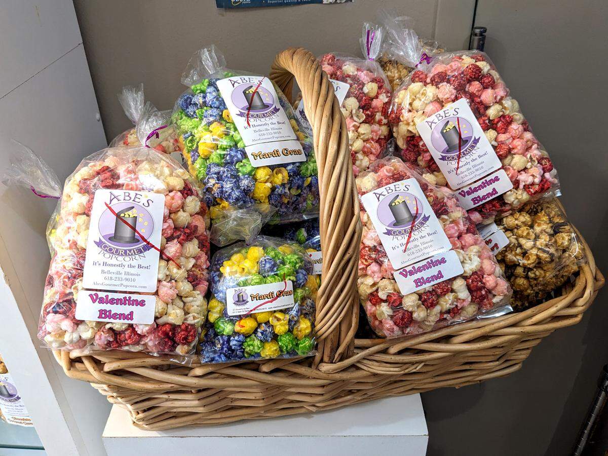 A few bags of the Valentine Blend and Mardi Gras popcorn flavors are still available at Abe’s.