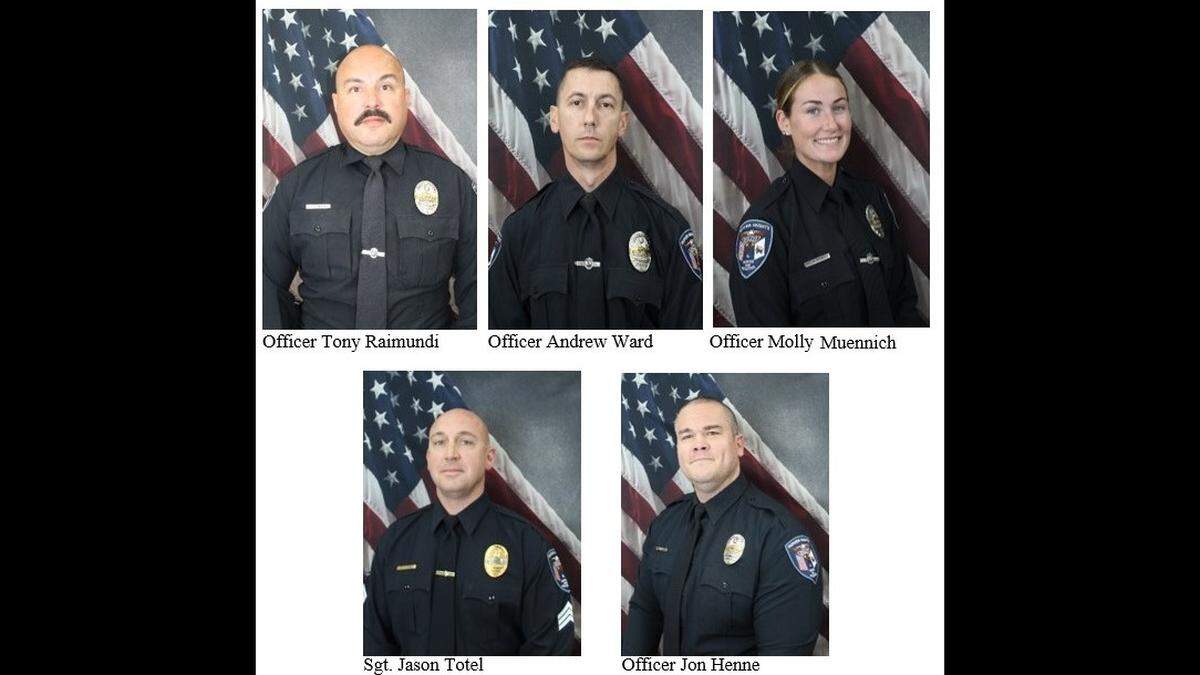 The five Fairview Heights police officers injured after confronting a suspect in May include, top row left to right, Herminio “Tony” Raimundi, Andrew Ward and Molly Muennich, who were shot; and Jason Totel and Jon Henne.