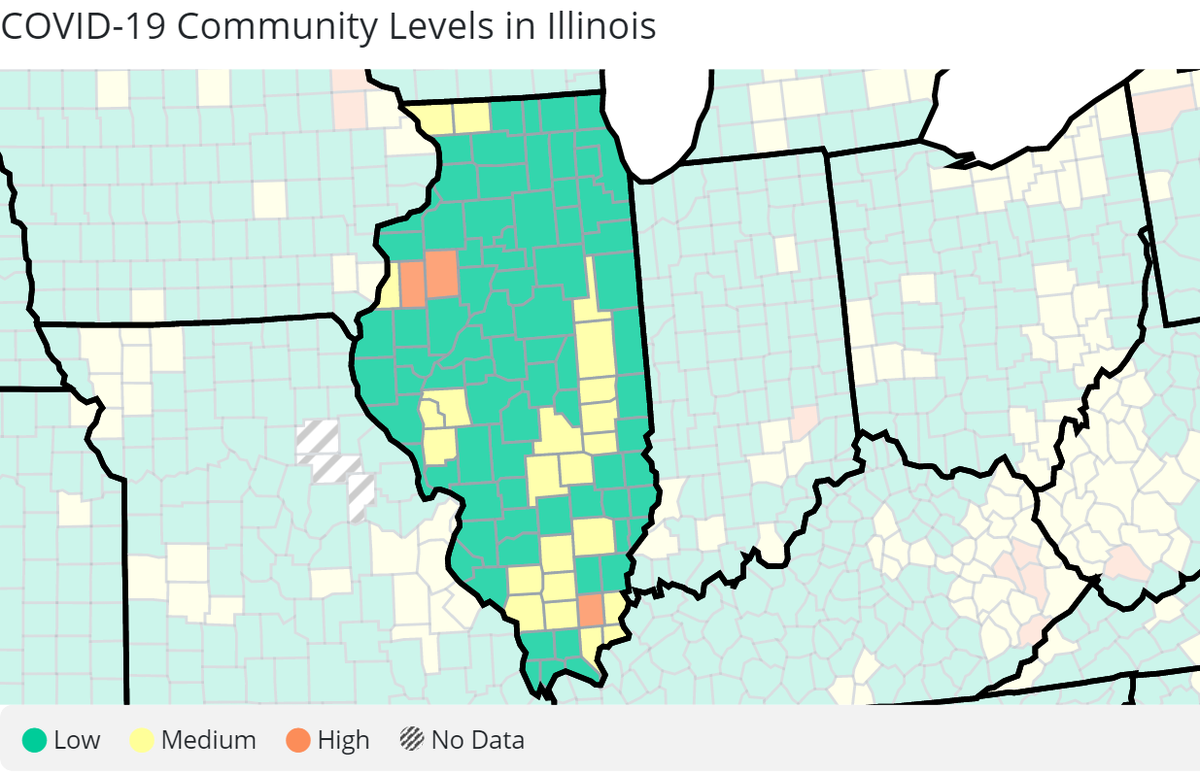 Here are the latest COVID-19 community levels in Illinois, from the U.S. Centers for Disease Control and Prevention.