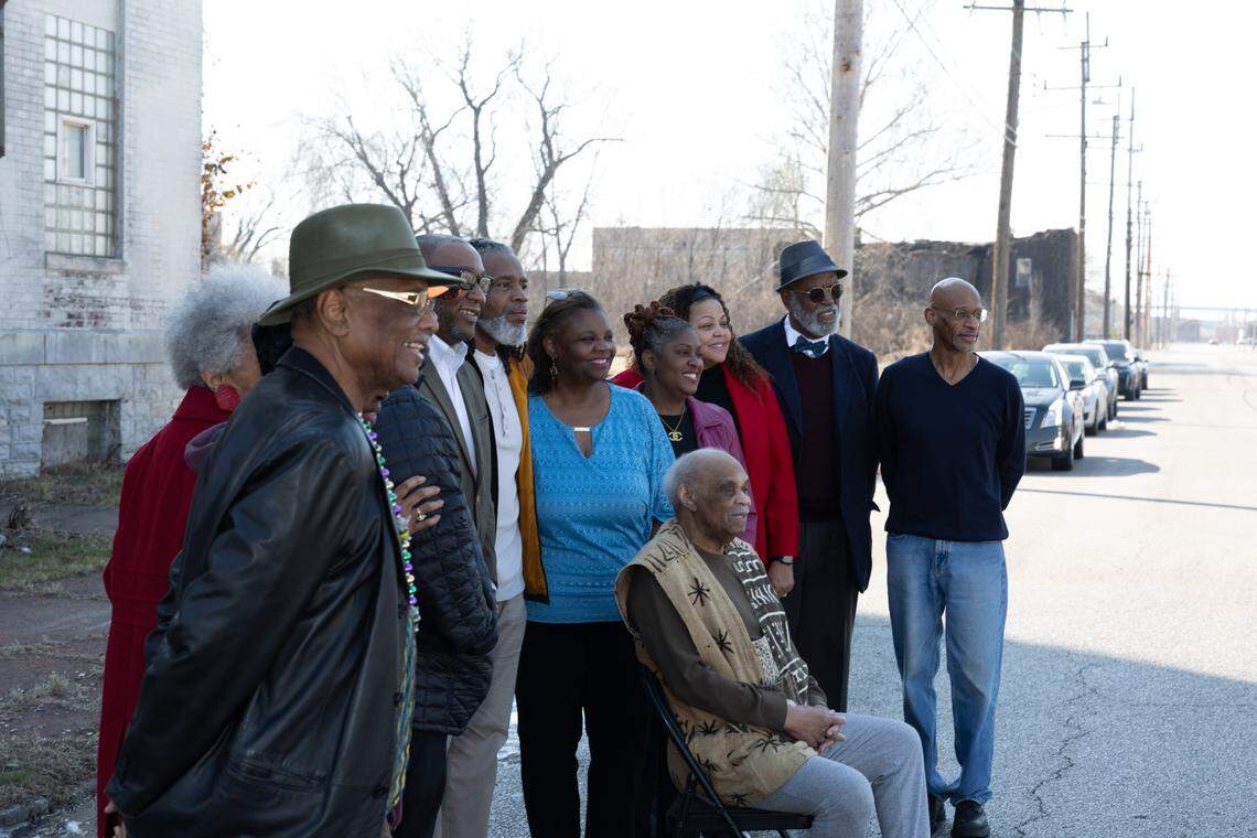 Members of the East St. Louis Historical Society line up in front of the original Lincoln School at the corner of Sixth and Saint Louis Street. The original school was built in 1886 and was one of the first public schools for Black children in the country.