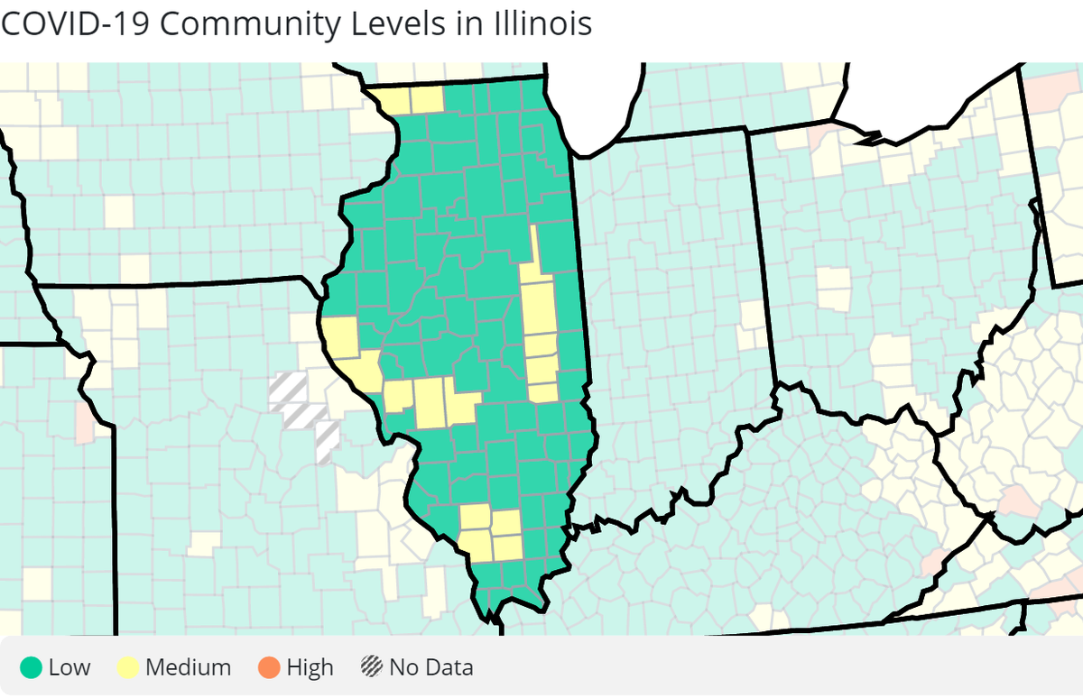 Here are the latest COVID-19 community levels in Illinois, per the U.S. Centers for Disease Control and Prevention.