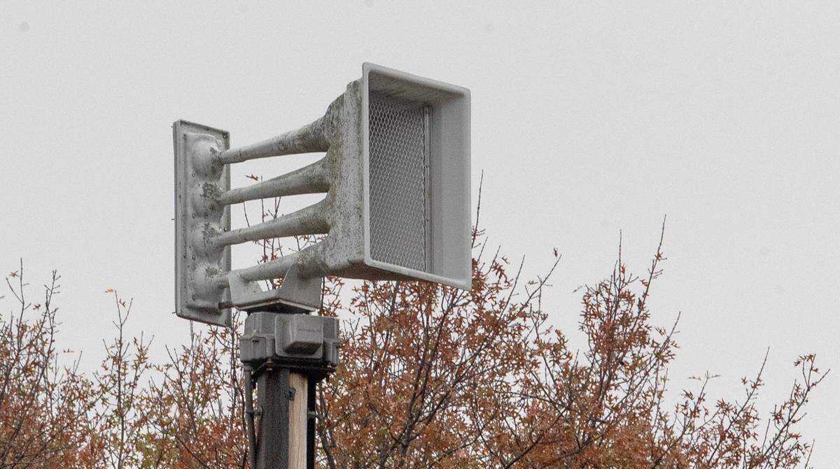 A rotating siren located at the entrance to Laderman Park in Belleville, Illinois.