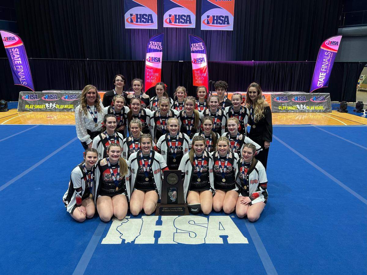 The Highland High School coed cheer team captured the IHSA Coed State Title and Championship at the IHSA State Finals on Friday, Feb. 4, and Saturday, Feb. 5, in Bloomington. Team members include, first row, from left, seniors Mya Iberg, Allison Reiling, Brittani Wellen, Rhea Fowler, Kady Shaw and Morgan Flesch; second row, juniors Carolynn Parsons, Avery Miles, Morgan Friesner, Kyleigh Buchen and Riley Mansholt; third row, coach Tess Chlibec, sophomores Sophis Thomas, Ava Allen, Kara Shaw, Lexie Fears, Chloe McTeer, Ava Lercher and coach Angie Fears; fourth row, freshmen Collin Heldenbrand, Meagan Wieseman, Avery Starwalt, Rylee Thole, Emma Ethridge and Cole Parsons
