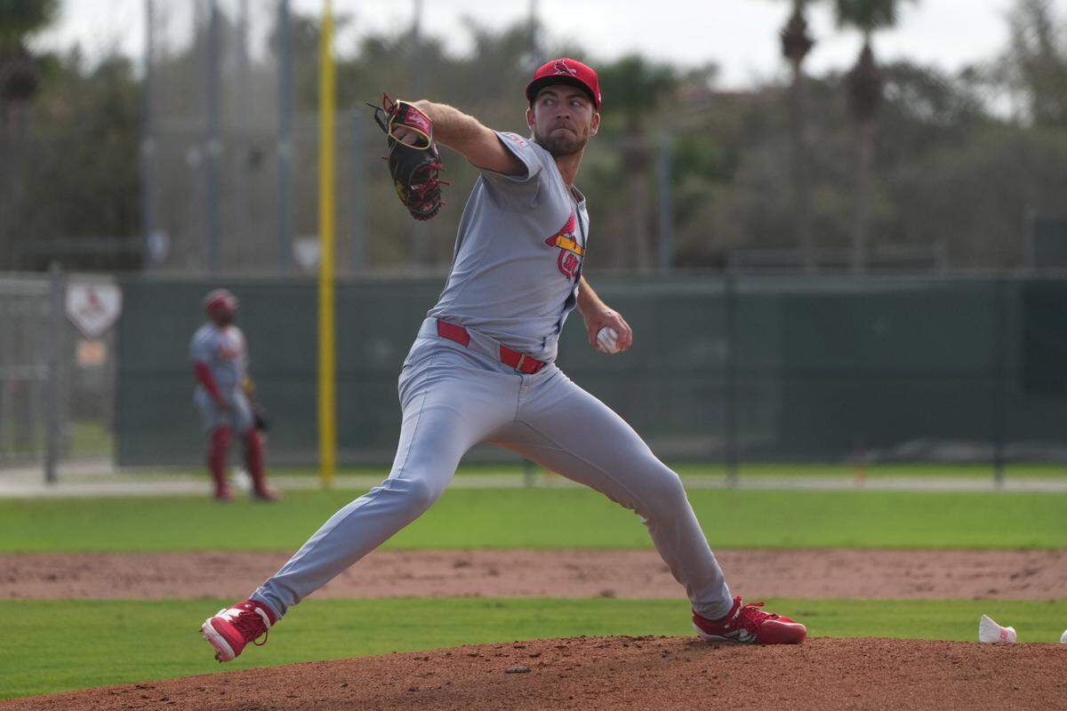 Feb 17, 2025; Jupiter, FL, USA;  St. Louis Cardinals pitcher Matthew Liberatore (52) pitches live batting practice at spring training. Mandatory Credit: Jim Rassol-Imagn Images