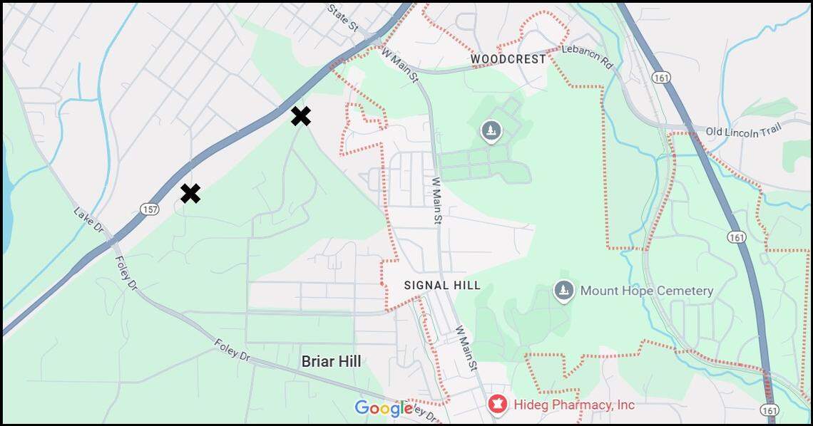 Two Xs mark spots on Kingston Drive and Bluff Hill Road, between Illinois 157 and the Signal Hill neighborhood in unincorporated Belleville, where steel gates were installed decades ago.