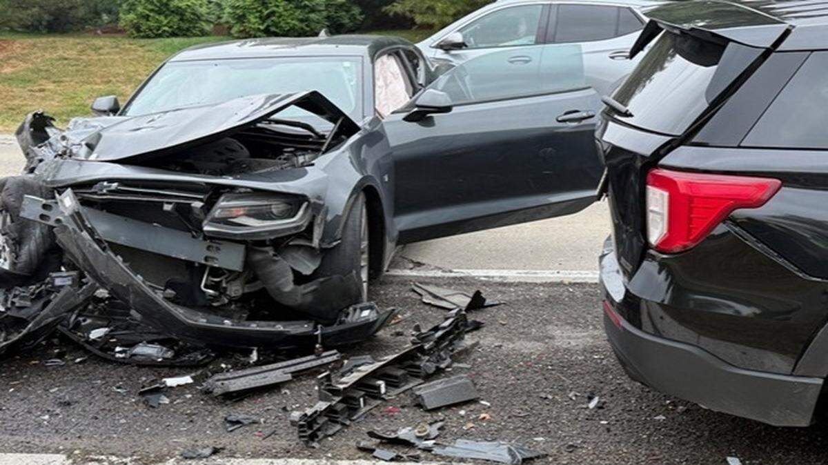 A Camaro crashed into a Fairview Heights police car Wednesday on Old Collinsville Road. The driver told an officer he rammed the squad car on purpose.