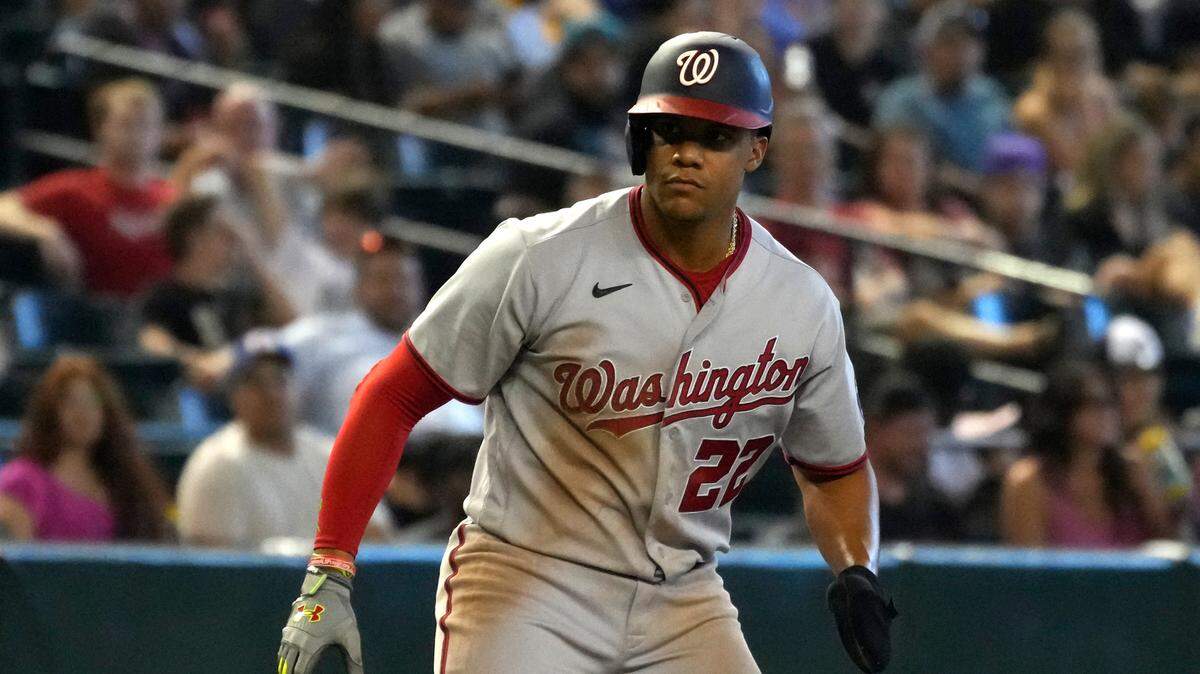 Washington Nationals right fielder Juan Soto (22) in the first inning during a baseball game against the Arizona Diamondbacks, Sunday, July 24, 2022, in Phoenix. (AP Photo/Rick Scuteri)