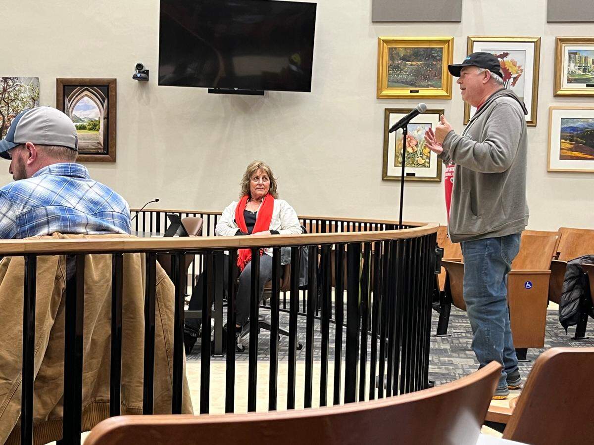 Dave Schoenborn, co-owner of the Lincoln Theater in Belleville, speaks to the City Council’s Ordinance and Legal Review Committee, on Tuesday. Seated are Ward 6 Alderman Chris Rothweiler and Ward 2 Alderwoman Carmen Duco.
