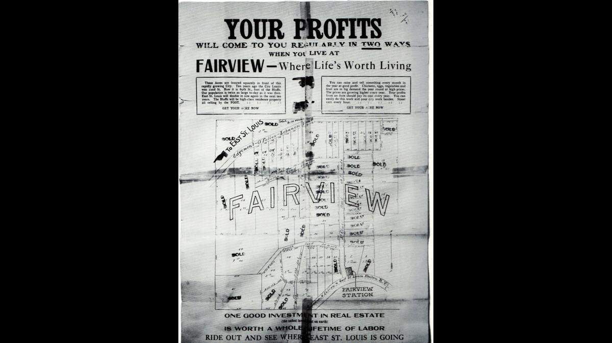 This poster advertises lots in the first residential subdivision in what is now the city of Fairview Heights. It was developed in about 1910 by East St. Louisan Raymond Fairbrother, who called it “Fairview.”