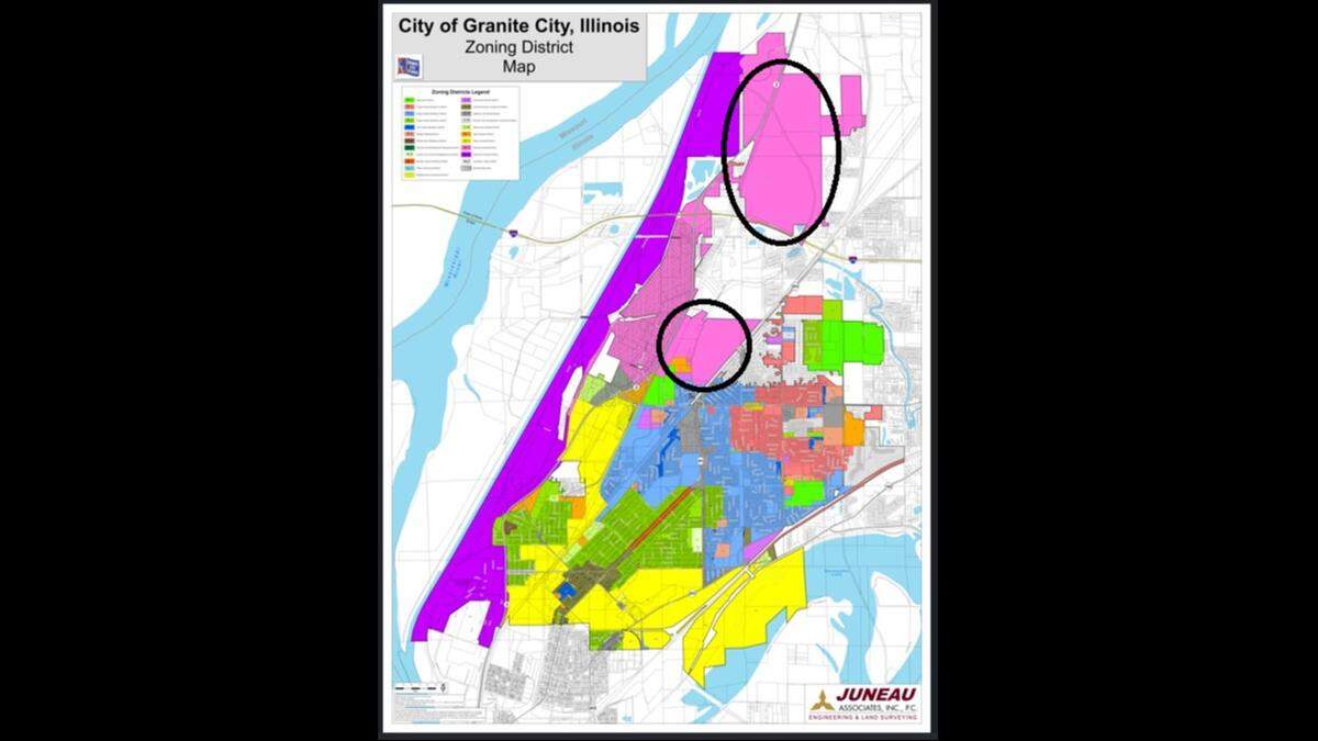 Circles added to this Granite City zoning map show two areas in which a developer has expressed interest for construction of a data center. One is north of Interstate 270, and one is south.