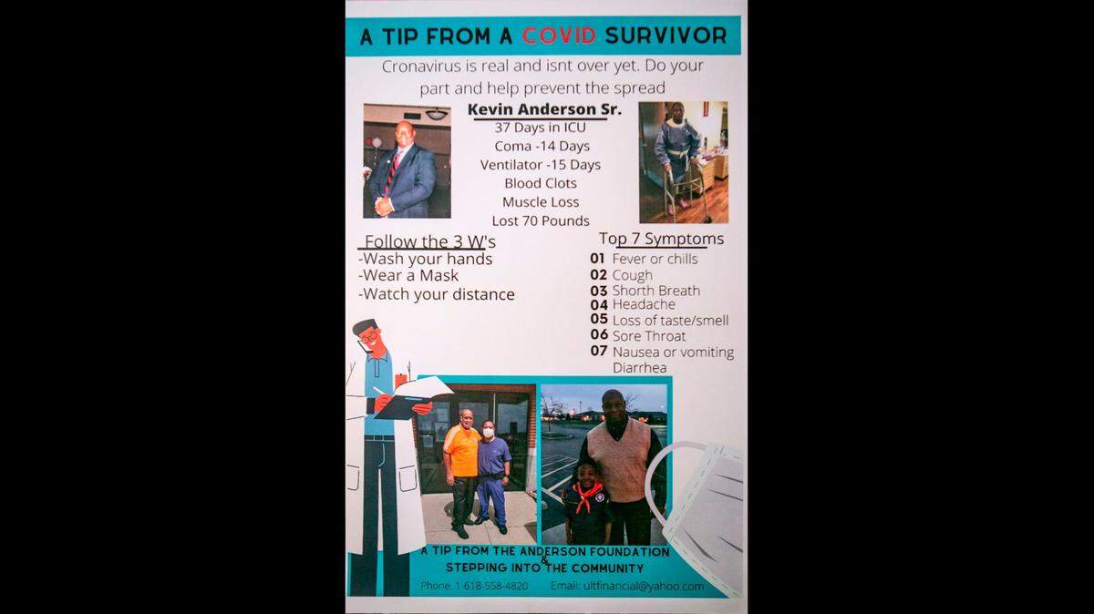 Fairview Heights resident Kevin Anderson is distributing this poster he made to educate people about the coronavirus. He spent more than a month in the hospital, including 15 days on a ventilator, before being released three months ago.