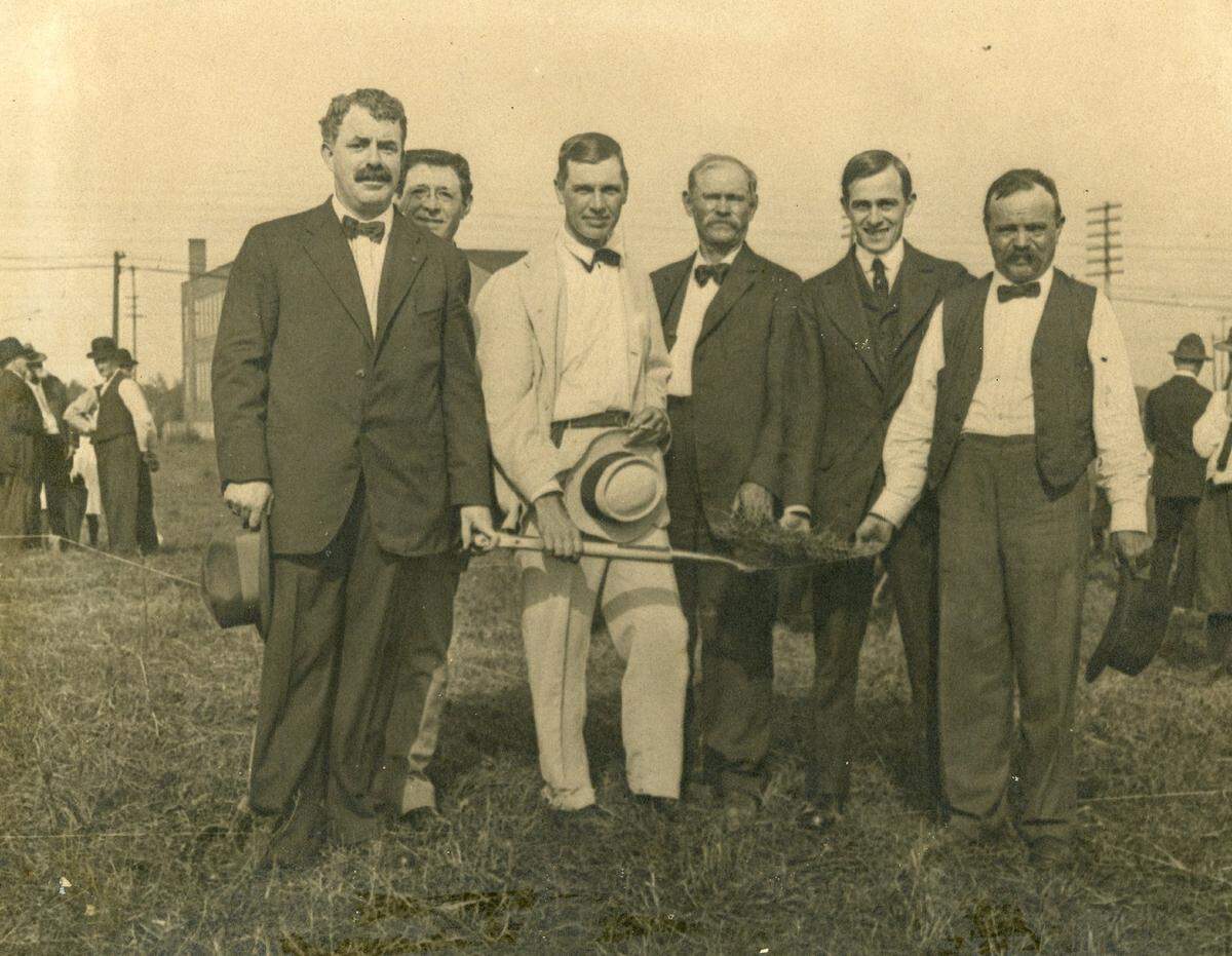 This circa-1900 photo shows six men at a groundbreaking at St. Clair County Poor Farm and Hospital, along Caseyville Avenue in what now is the village of Swansea.