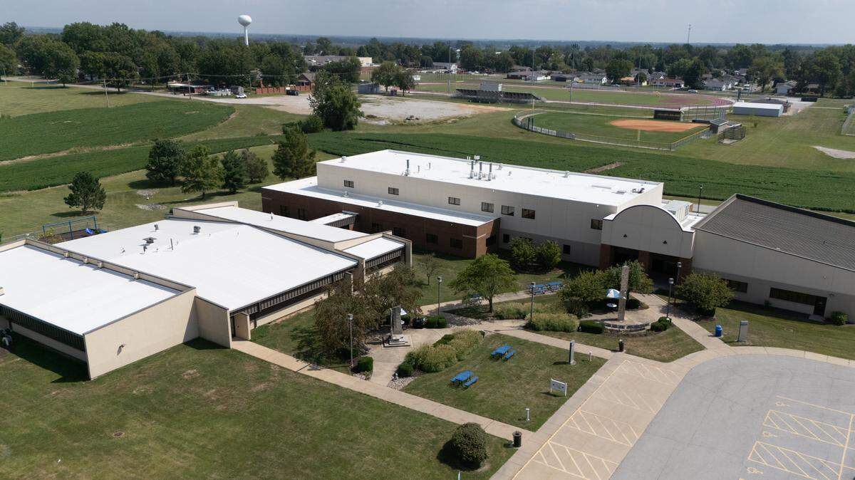 An aerial photo showing Southwestern Illinois College’s campus in Red Bud, Ill., on Aug. 19, 2024.