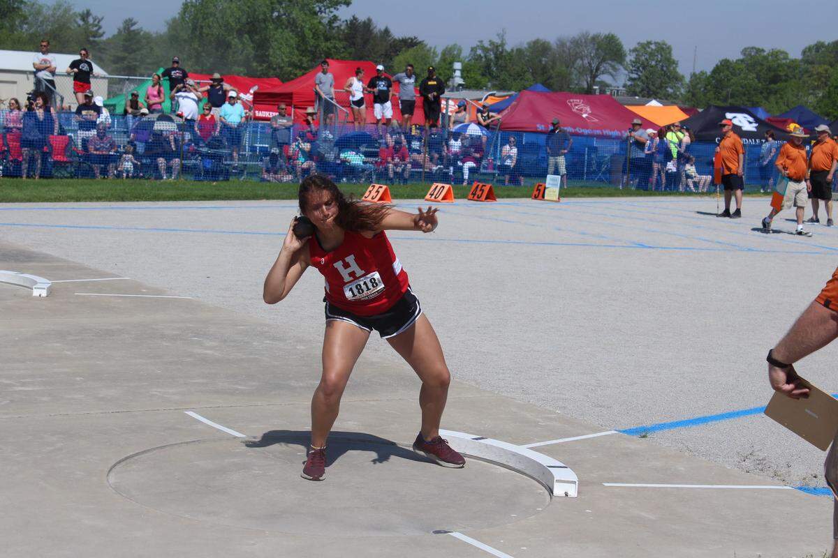 Highland’s Taylor Kesner gets ready to unfurl the shot put during the IHSA Class 3A state tournament at Eastern Illinois University in Charleston in 2019. Kesner has continued her outstanding career at Illinois State University where she enjoyed a strong freshman campaign.