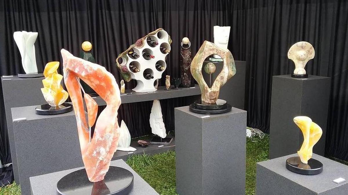 Stone sculptor Paul Bayer displays his varied pieces on pedestals in his booths at art fairs. He has been participating in the Midwest Salute to the Arts in Fairview Heights for about 20 years.