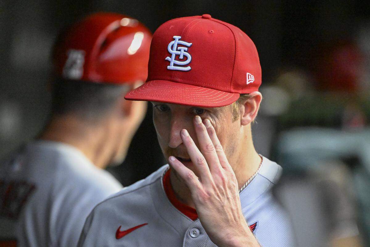 Jul 6, 2025; Chicago, Illinois, USA;  St. Louis Cardinals pitcher Erick Fedde (12) in the dugout after being relieved  during the third inning against the Chicago Cubs at Wrigley Field. Mandatory Credit: Matt Marton-Imagn Images