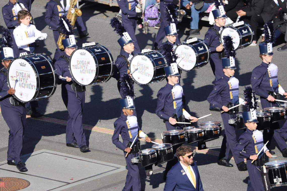The O’Fallon Township High School Marching Band drumline participates in the 108th annual Tournament of Roses Parade in Pasadena, California. The Marching Panthers played Journey’s “Don’t Stop Believing” and W.C. Handy’s “St. Louis Blues” as they marched the 5.5-mile parade route down Colorado Boulevard as one of the 15 invited bands on New Year’s Day.