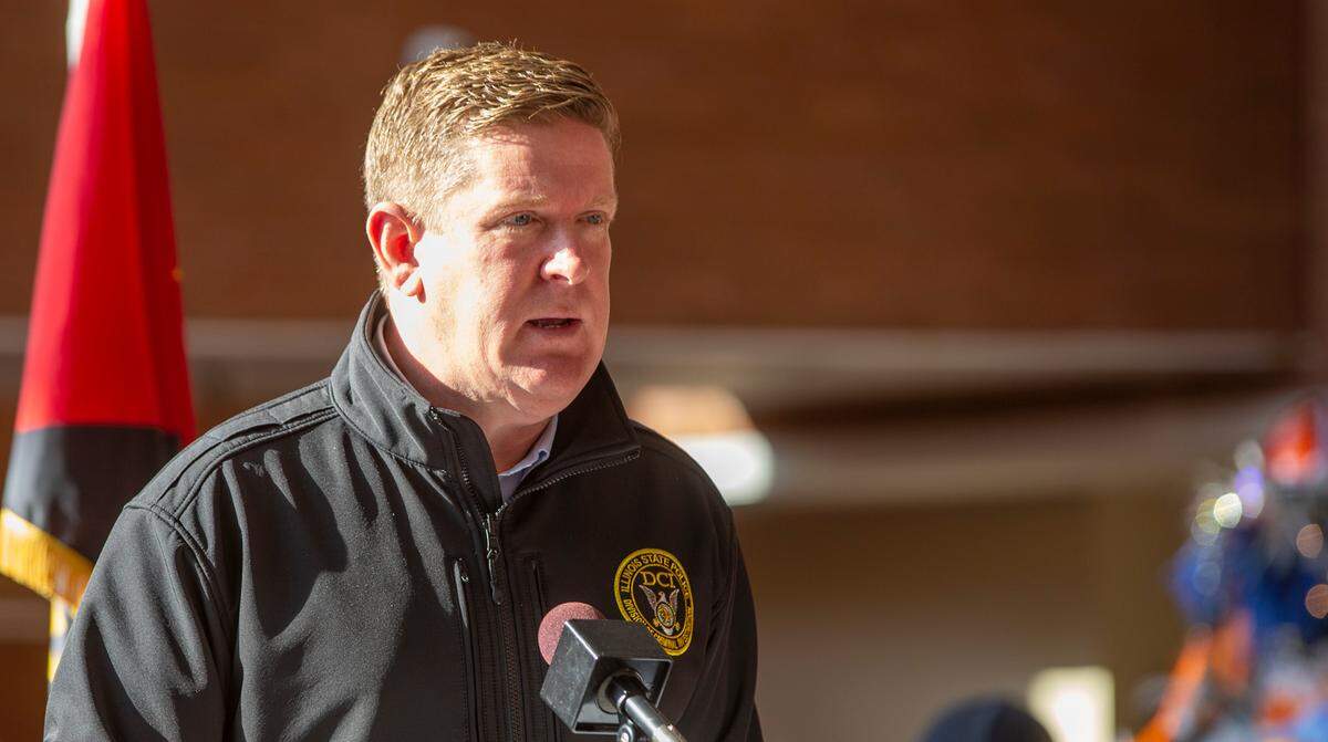 This file photo shows Illinois State Police Director Brendan Kelly at a news conference in 2021.