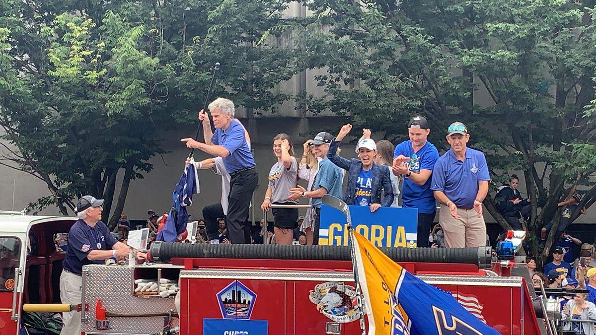 St. Louis Blues owner Tom Stillman celebrates during Saturday’s Stanley Cup Championship parade.
