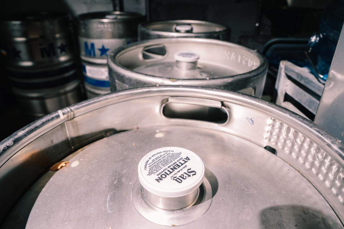 Kegs of Stag Beer sit a refrigerator at The Crow’s Nest on Friday, Feb. 27, 2026, in Maplewood. Rumors have swirled around the beer no longer being sold in kegs, instead option for bottle and can sales.