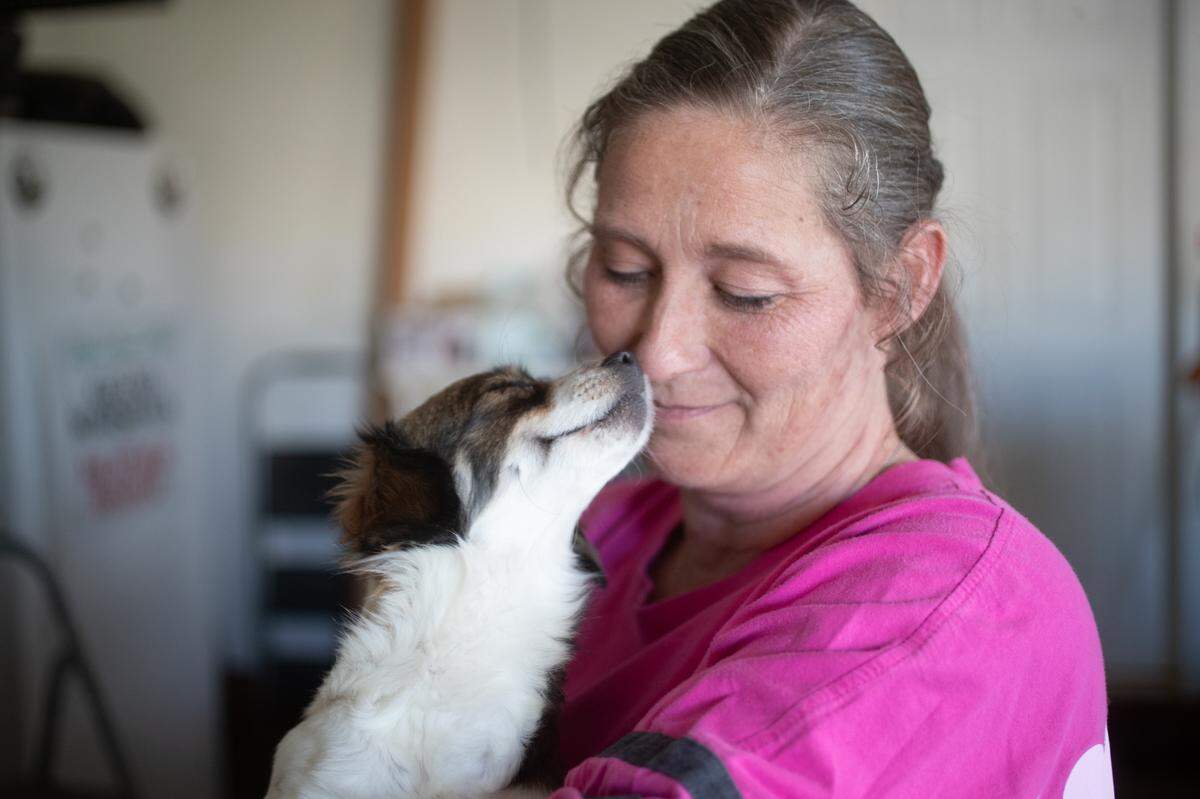 Heather Bishop of Bishop’s Small Dog Rescue in Waterloo cuddles with “Alanis Morissette,” who was pregnant at the time and has since had two puppies. “She’s a sweetheart,” Bishop said, “She’s my ‘velcro dog.’”