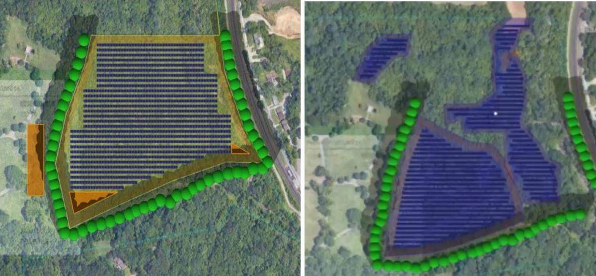The diagram at left shows the original design for a 5-megawatt solar farm at Mount Hope Cemetery in Belleville. At right is a revised design. A third one will be unveiled Thursday night.