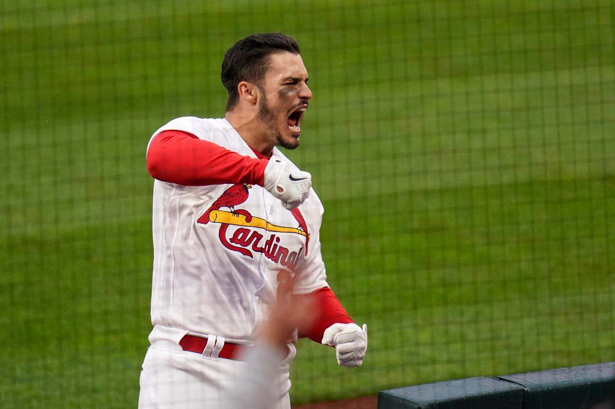St. Louis Cardinals’ Nolan Arenado celebrates after hitting a two-run home run against the Milwaukee Brewers in a game last April in St. Louis. Arenado had a tremendous first season with the Cardinals after coming over from the Colorado Rockies.
