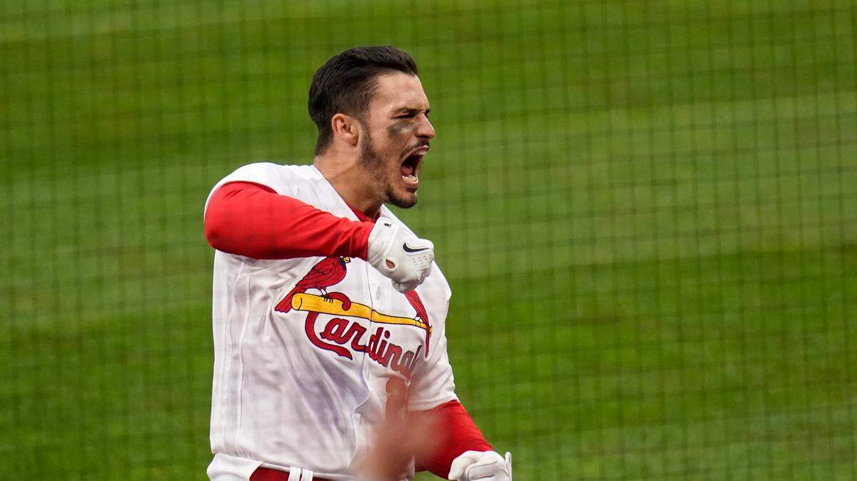 Nolan Arenado celebrates after hitting a two-run home run during the eighth inning of Thursday’s game against the Brewers.