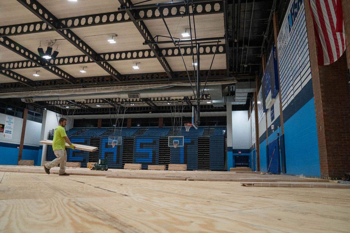 The new gym floor at Belleville East High School while under construction on Aug. 3, 2023.