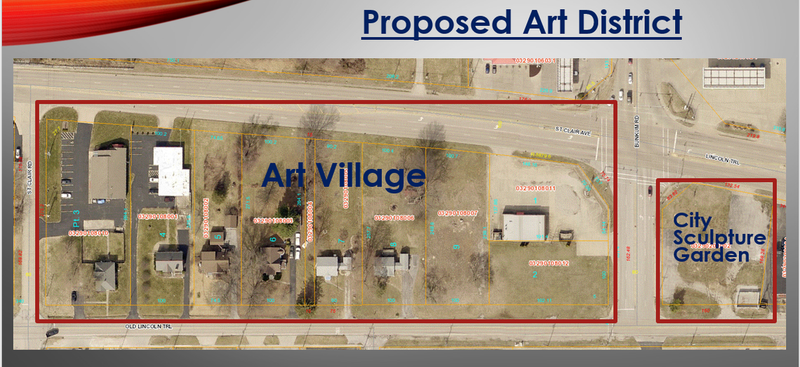 This map from a PowerPoint presentation shows the Fairview Heights area where Art Village is planned, including a nearly five-acre block, left, for studios, galleries and artist housing and a partial block, right, that the city is leasing to the organization for a sculpture park.